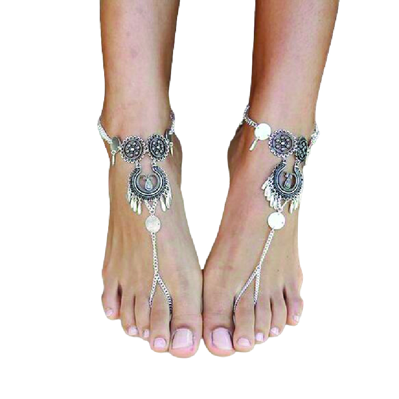 Bohemian Antique Silver Hollow Flower Anklets