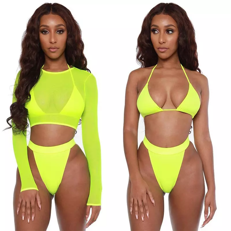 Neon Yellow Crop Sexy Three-Piece Swimsuit Bikini Set
