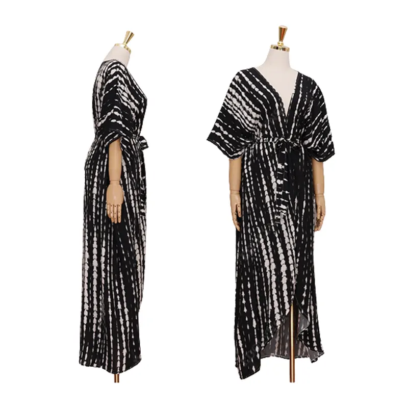 Black Retro Striped Self Belted Plus Size Kimono Dress