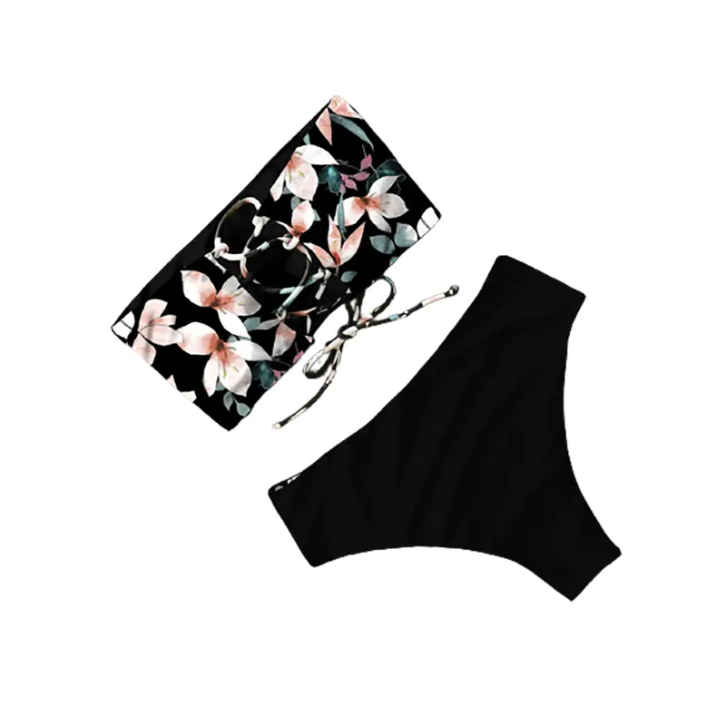 Beach Wear Printed High Waist Bikini Set With Back Cross