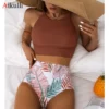 Brown Leaf Print High Waist Bikini Set Swimsuit