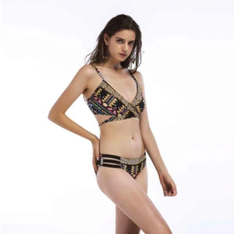 Chest Cross Straps Ethnic Style Print Sexy Bikini Swimsuit