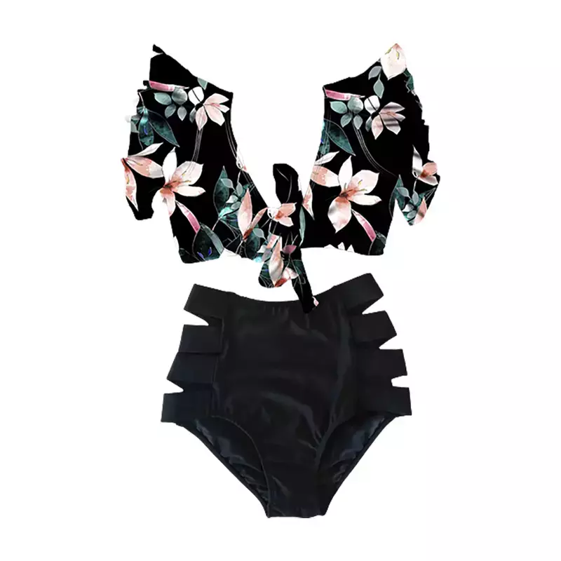 Floral Ruffled Hem Bikini Set Women Flora V-Neck High-Waisted Two Piece Swimsuit 2022 Girl Beach Bathing Suit Swimwear Biquinis