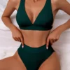 Sexy V Neck Ribbed Bikini Women Swimsuit