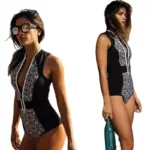 New European and American style swimsuit black and white retro print zipper one-piece bikini