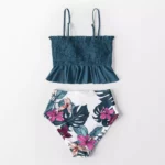 Smocked Blue Leaves Print Bikini Sets