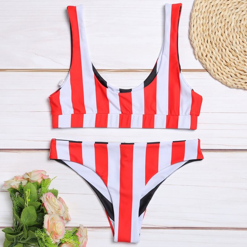 Women Sexy Swimsuit Scoop Neck Backless Stripe Bikini Set