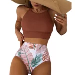 Brown Leaf Print High Waist Bikini Set Swimsuit